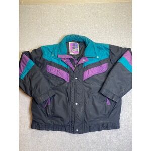 Vintage Steep Slopes Ski Jacket XL Black Teal Purple Colorblock 90s Puffer Coat